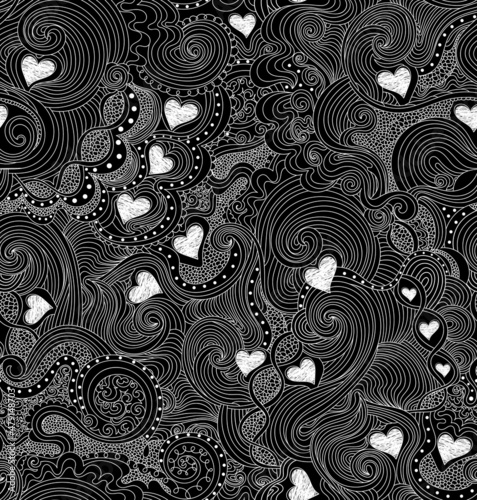 Beautiful decorative vector seamless pattern with hearts, ornamental lines