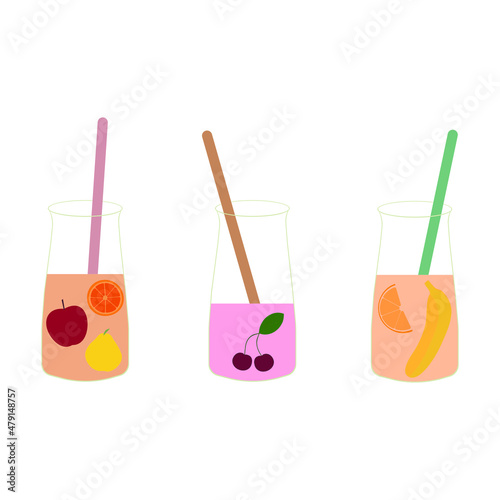 Smoothie party. Set of smoothies or fresh juice in glass jars with fruits. Collection of hand drawn glass bottles with summer cocktails. Concept for healthy food menu bar.