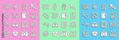 Set line Bulletproof vest, Crime scene, The arrest warrant, Police body camera, electric shocker, badge with id case and station folder icon. Vector