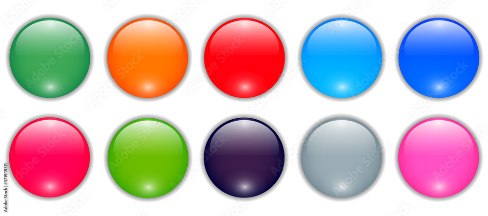 Shiny buttons set, glossy circle icons multicolored collection, 3D vector illustration.