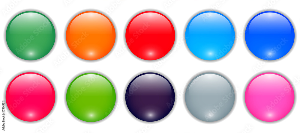 Shiny buttons set, glossy circle icons multicolored collection, 3D vector illustration. Shiny buttons set, glossy circle icons multicolored collection, 3D vector illustration.