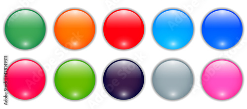 Shiny buttons set, glossy circle icons multicolored collection, 3D vector illustration.