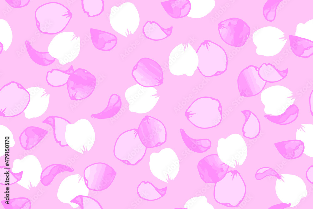 Flower petals flying seamless pattern. Hand drawn and watercolor brushes 3d petals fly in air. Blossom Sakura or cherry. Spring. Vector illustration
