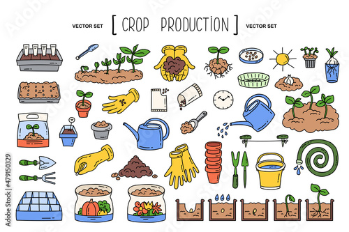 Vector hand drawn set on the theme of crop production, agriculture, farming, gardening, planting. Isolated colorful cartoon doodles for use in design