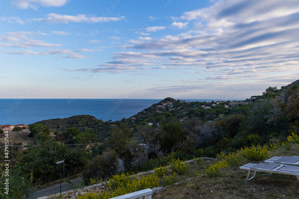 View over Colle d' orano village on Elba island in Italy and the sea in the morning