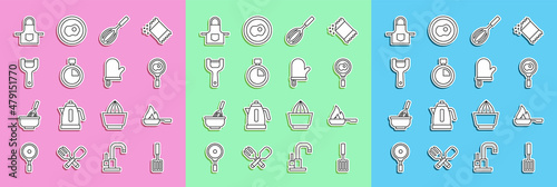 Set line Barbecue spatula, Frying pan, Fried eggs on frying, Kitchen whisk, Stopwatch, Vegetable peeler, apron and Oven glove icon. Vector