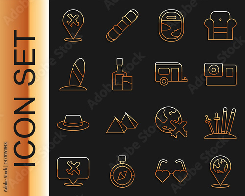 Set line Location on the globe, Ski and sticks, Action camera, Airplane window, Whiskey bottle glass, Surfboard, Plane and Rv Camping trailer icon. Vector
