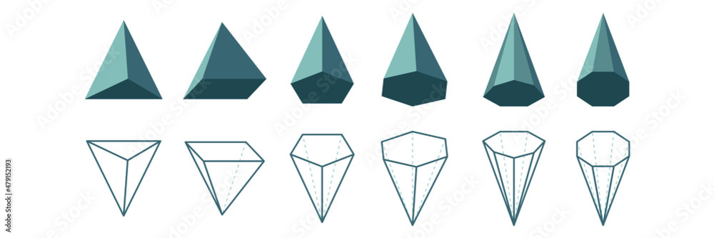 Pyramid types set. Math geometric figurs. 3d and line icon. Polyhedron ...