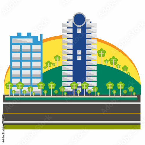 roads, multi-storey buildings and beautiful gardens surrounded by shady trees. This vector design can be a complementary design element for making animated films and other projects.