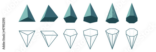 Pyramid types set. Math geometric figurs. 3d and line icon. Polyhedron.Triangular Rectangular Pentagonal Hexagonal Heptagonal Octagonal polygonal pyramid. Vector illustration