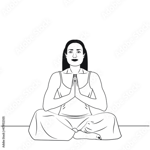 Female yogi meditating in prayer position black and white vector illustration