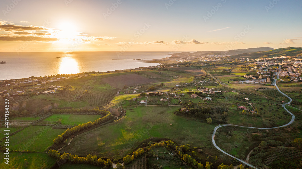 Aerial View of Agrigento at Sunset with the City of Porto Empedocle in the Background, Sicily, Italy, Europe, World Heritage Site