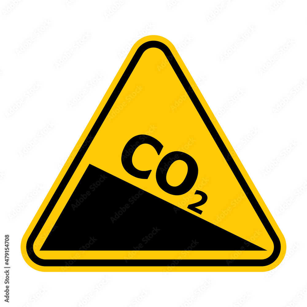 CO2 emission reduction sign. Symbol for decreasing CO2 output. Vector illustration of yellow triangle warning sign with steep descent carbon dioxide. Downhill grade sign. CO2 emission reduction sign. Symbol for decreasing CO2 output. Vector illustration of yellow triangle warning sign with steep descent carbon dioxide. Downhill grade sign.
