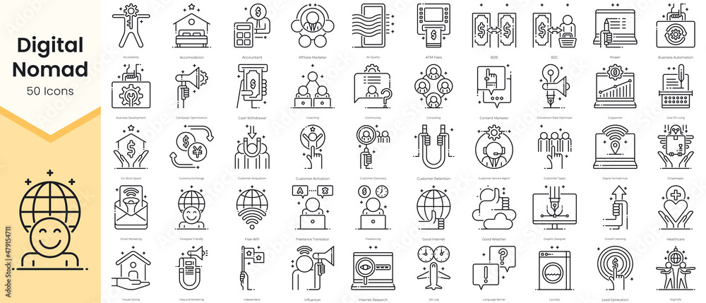 Simple Outline Set of Digital Nomad Icons. Thin Line Collection ...