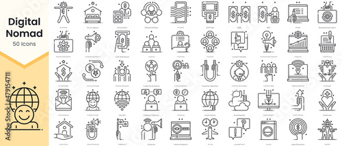 Simple Outline Set of Digital Nomad Icons. Thin Line Collection contains such Icons as accessibility, cost of living, co work space, influencer and more