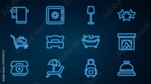 Set line Hotel service bell, Interior fireplace, Table lamp, Bedroom, Trolley suitcase, Towel on hanger, Bathtub and Safe icon. Vector