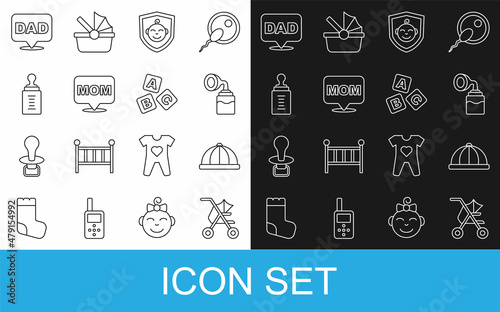 Set line Baby stroller, hat, Breast pump, on shield, Speech bubble mom, bottle, dad and ABC blocks icon. Vector