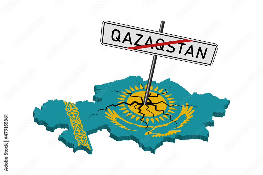 Obraz premium A road sign, with a inscription in the new Kazakh language says Kazakhstan, stuck into a 3D map in the form of a flag with black diverging cracks