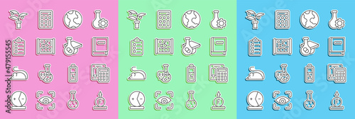 Set line Force of physic formula, Calculator, Science book, Earth globe, Graphing paper engineering, To do list planning, Plant breeding and Graduation cap icon. Vector