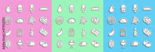 Set line Bread loaf, Cracker biscuit, Cookie with chocolate, Ice cream, Taco tortilla, Donut, Pear and Slice of pizza icon. Vector