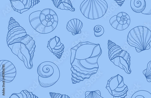 sea shells blue line seamless pattern. Pastel aqua vector background. Marin print vector