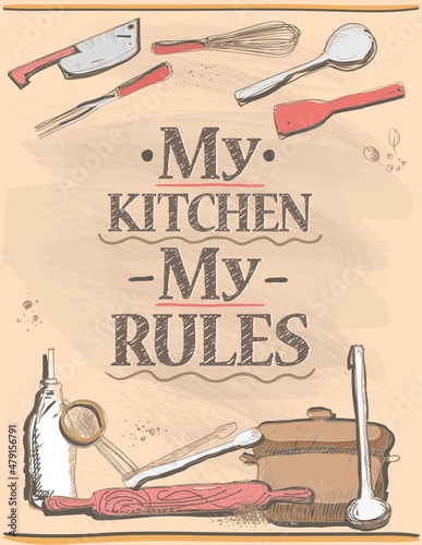 Obraz na plátně Quote card - my kitchen my rules, graphic lettering poster