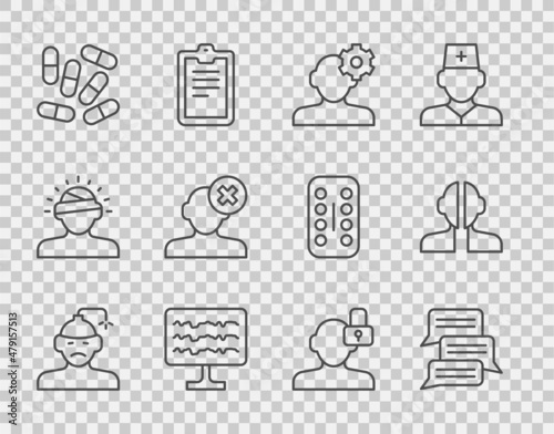 Set line Concussion, headache, Online psychological counseling, Solution problem psychology, Encephalogram, Medicine pill or tablet, Closed personality and Bipolar disorder icon. Vector