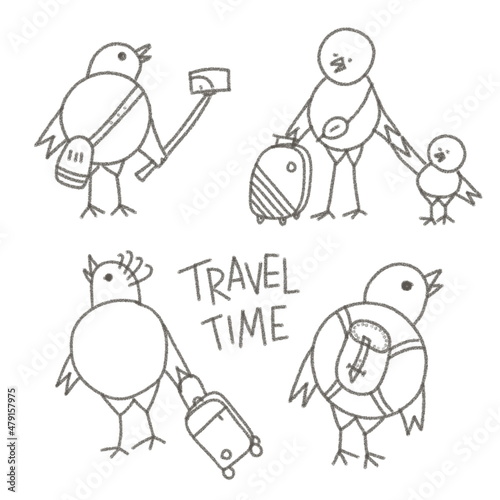 A set of hand drawn sktechy elements in cartoon style. Cute black and white birds with luggage at the airport on a white background. Doodle characters for coloring book.