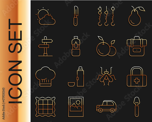 Set line Spoon, First aid kit, Hiking backpack, Grilled shish kebab skewer, Bottle of water, Road traffic sign, Sun and cloud weather and Fruit icon. Vector