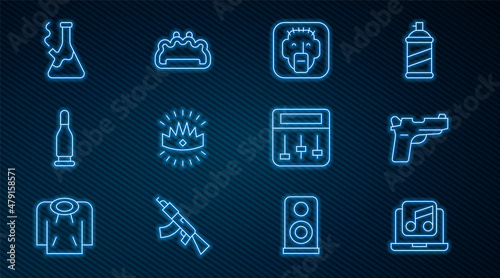Set line Laptop with music, Pistol or gun, Rapper, King crown, Bullet, Glass bong for smoking marijuana, Drum machine and Brass knuckles icon. Vector