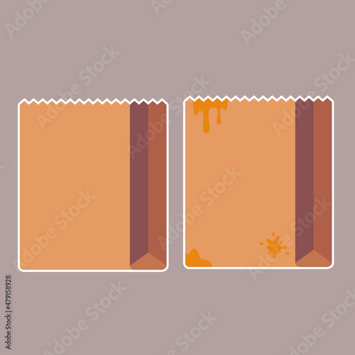 Set of two vector paper bag stickers on gray background. One bag with oil stains.