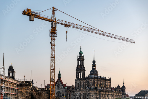 Dresden city skyline at Elbe River under construction at sunset  Dresden  Saxony  Germany