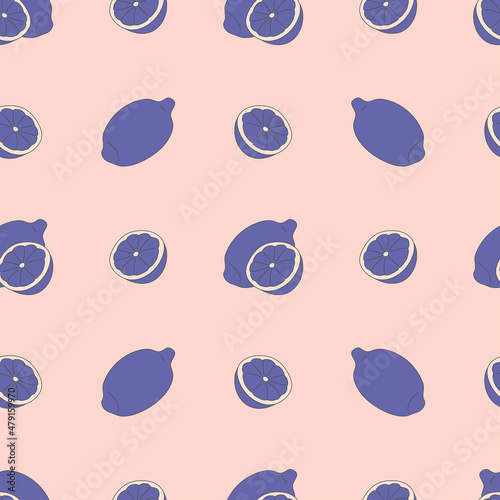 seamless pattern whole and halves of lemons in very peri color are drawn in doodle style on a light pink background