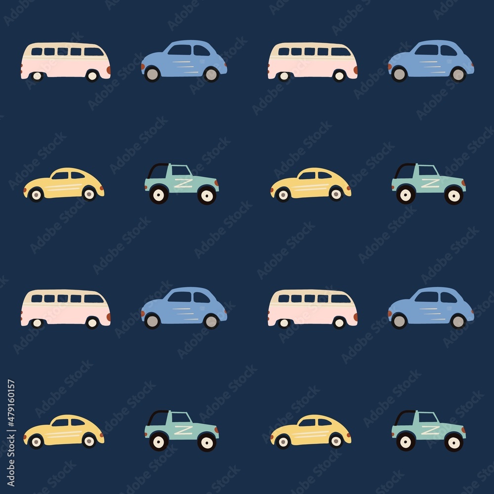 Seamless pattern with toy car. Print. Fabric. Boy’s toys. Automobile. Traffic, road, racing. Illustration 