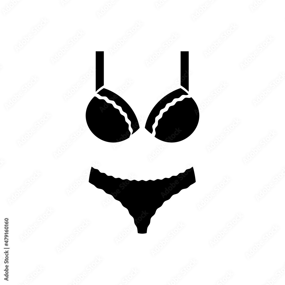 Female lingerie or swimsuit solid black icon. Bra and panties with lace edge. Women underwear. Flat isolated symbol, sign for illustration, logo, app, banner, web design, dev, ui, gui. Vector EPS 10 Female lingerie or swimsuit solid black icon. Bra and panties with lace edge. Women underwear. Flat isolated symbol, sign for illustration, logo, app, banner, web design, dev, ui, gui. Vector EPS 10