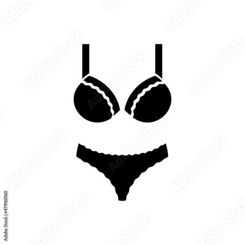 Female lingerie or swimsuit solid black icon. Bra and panties with lace edge. Women underwear. Flat isolated symbol, sign for illustration, logo, app, banner, web design, dev, ui, gui. Vector EPS 10