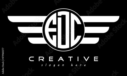 EDC three letter monogram type circle letter logo with wings vector template.