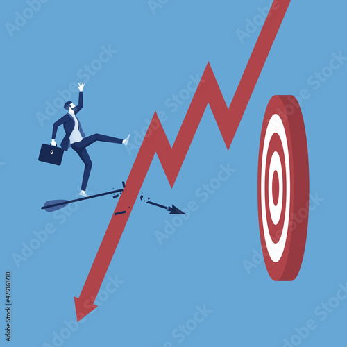 financial crisis disrupt opportunities or business goal, global economic crisis concept, falling graph destroys flying arrow to target