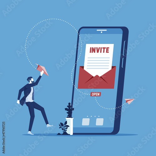 businessman received the email about referral and earn money or online promotion, invite a friend or Referral marketing concept