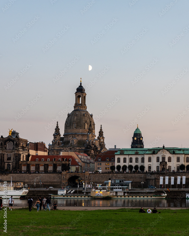 Panoramic view of Dresden's architecture with Elbe river bank in Dresden, Saxony, Germany