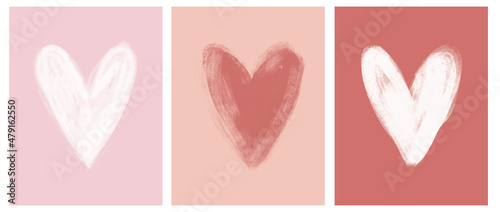 Fototapeta Naklejka Na Ścianę i Meble -  Valentine's Day Vector Card. Simple Grunge Hearts on a Pink, Red and Coral Red Background. Romantic Illustration Ideal for Card, Poster, Wall Art. Infantile Style Love Symbol. No Text.