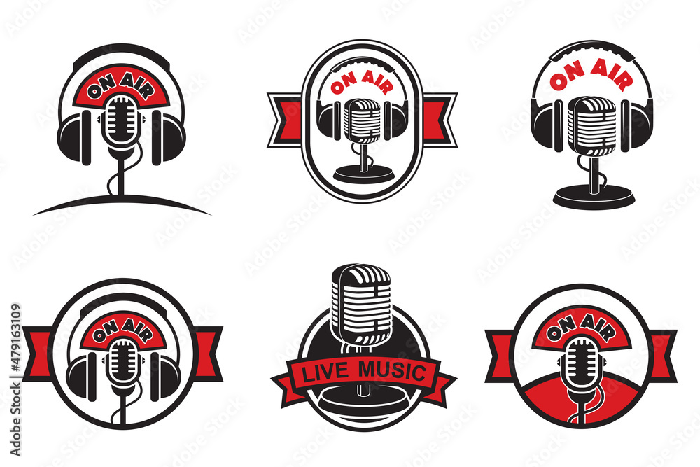 Fototapeta premium collection of retro microphone and headphones emblem isolated on white background