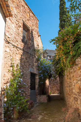 Cobbled Street In Medieval Town With House Covered In Plants And Flowers. Historic Village In Vilafames  Castellon  Spain. wide vertical shot.