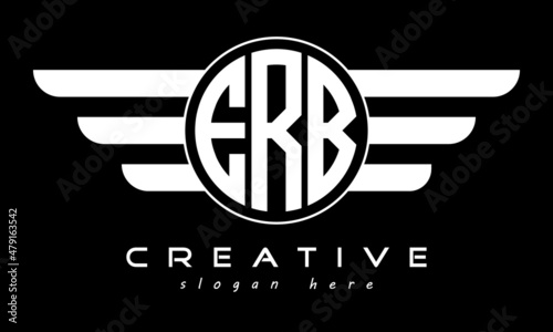 ERB three letter monogram type circle letter logo with wings vector template.