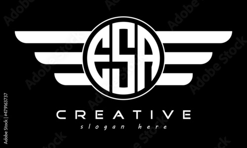 ESA three letter monogram type circle letter logo with wings vector template.