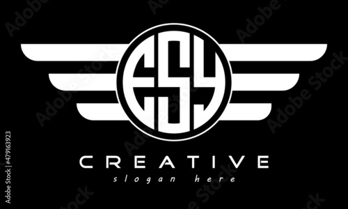 ESY three letter monogram type circle letter logo with wings vector template. photo