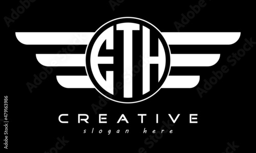 ETH three letter monogram type circle letter logo with wings vector template.