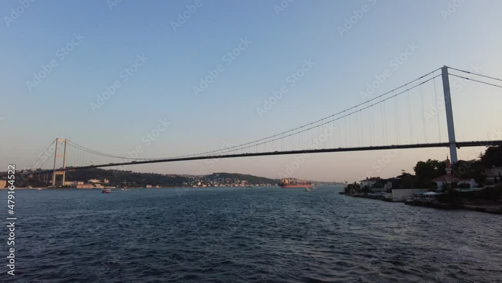 The Bosphorus Bridge, known officially as the 15 July Martyrs Bridge and unofficially as the First Bridge, is one of the three suspension bridges spanning the Bosphorus strait in Istanbul, Turkey. The Bosphorus Bridge, known officially as the 15 July Martyrs Bridge and unofficially as the First Bridge, is one of the three suspension bridges spanning the Bosphorus strait in Istanbul, Turkey.