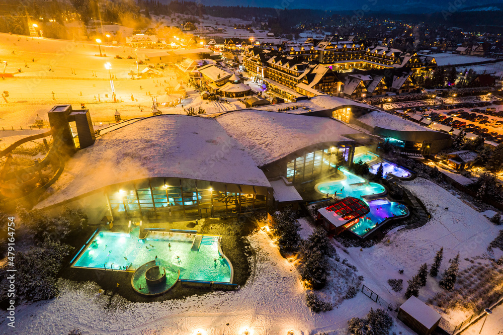 Drone View of Bania Thermal Baths at Winter Night. Zakopane, Poland
