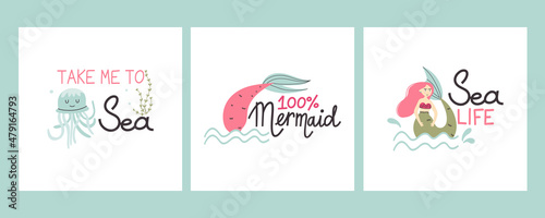 Cartoon mermaid. Cute little underwater character, princess with fish tail, adorable ocean fantasy creature, kids fairy tale girl, t-shirt print or poster, lettering set, vector isolated illustration